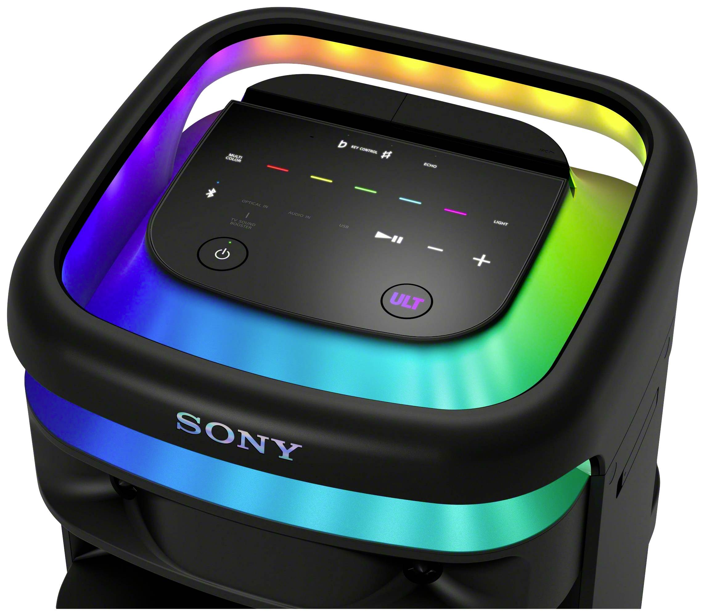 Przenośny głośnik Sony z podświetleniem LED, które świeci w różnych kolorach. Przyciski sterujące znajdują się na górze urządzenia.