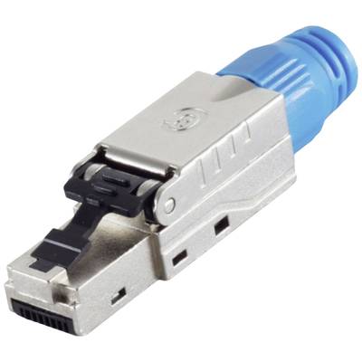 Wtyk RJ45 z niebieską osłoną do kabli sieciowych, odpowiedni do połączeń Ethernet.