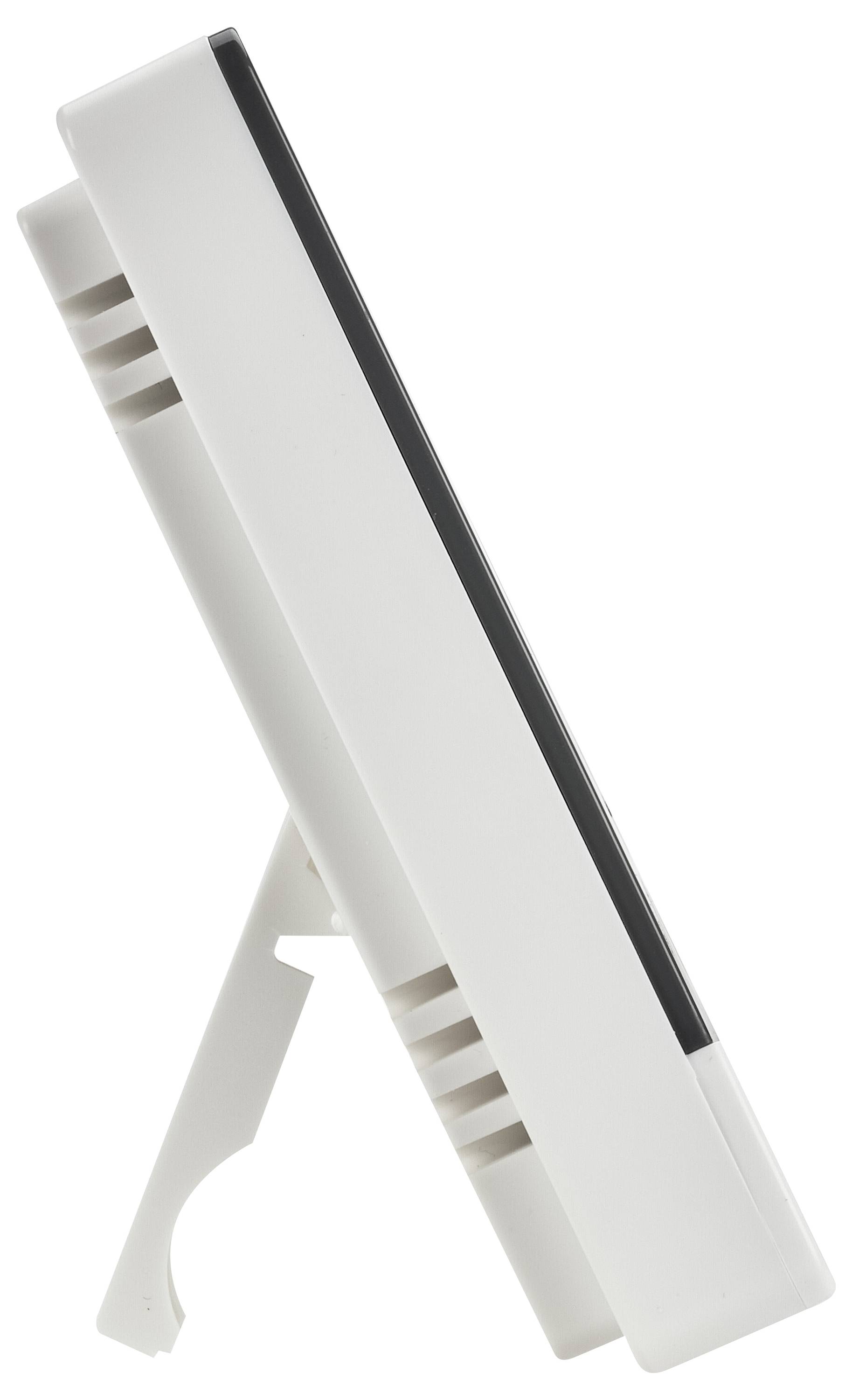 Białe, prostokątne urządzenie stołowe z rozkładaną podstawką, przedstawione z boku.