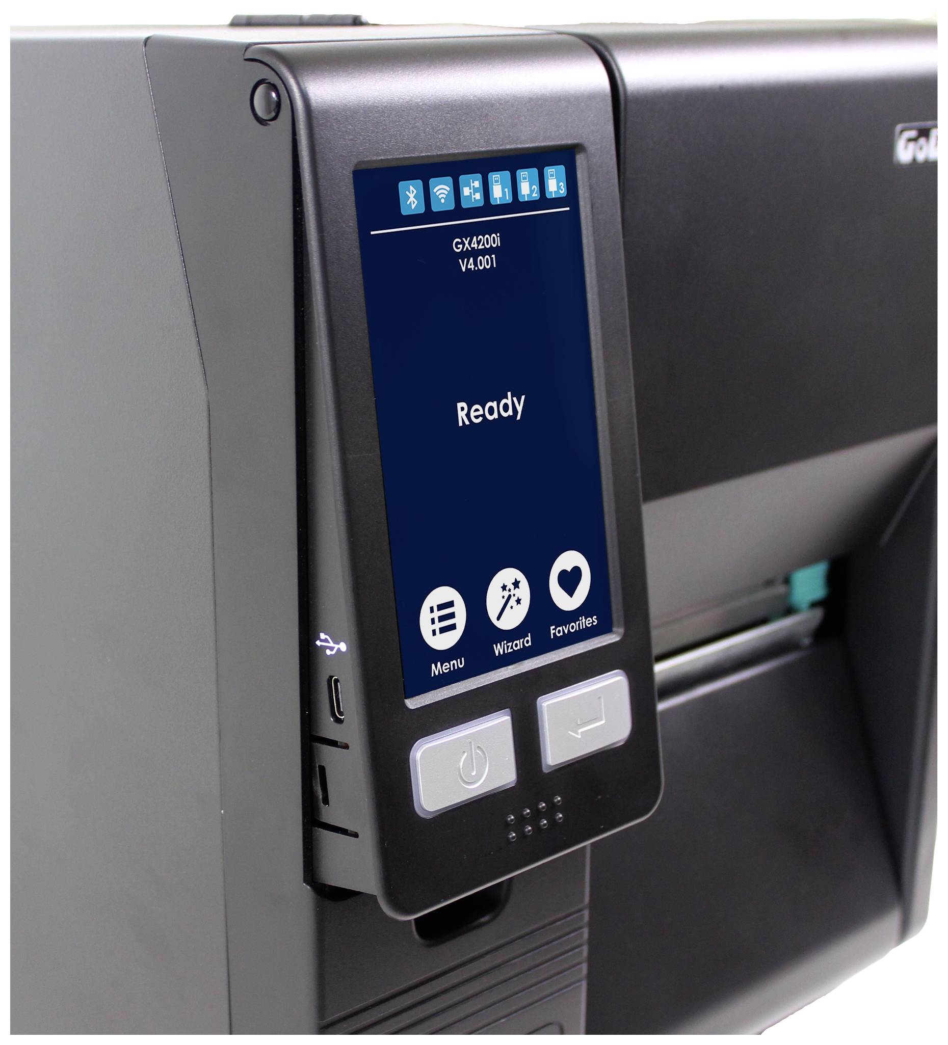 Drukarka z panelem sterowania z przodu wyświetla status 'Gotowy'. Cztery przyciski: 'Menu', 'Kreator', 'Ulubione'.