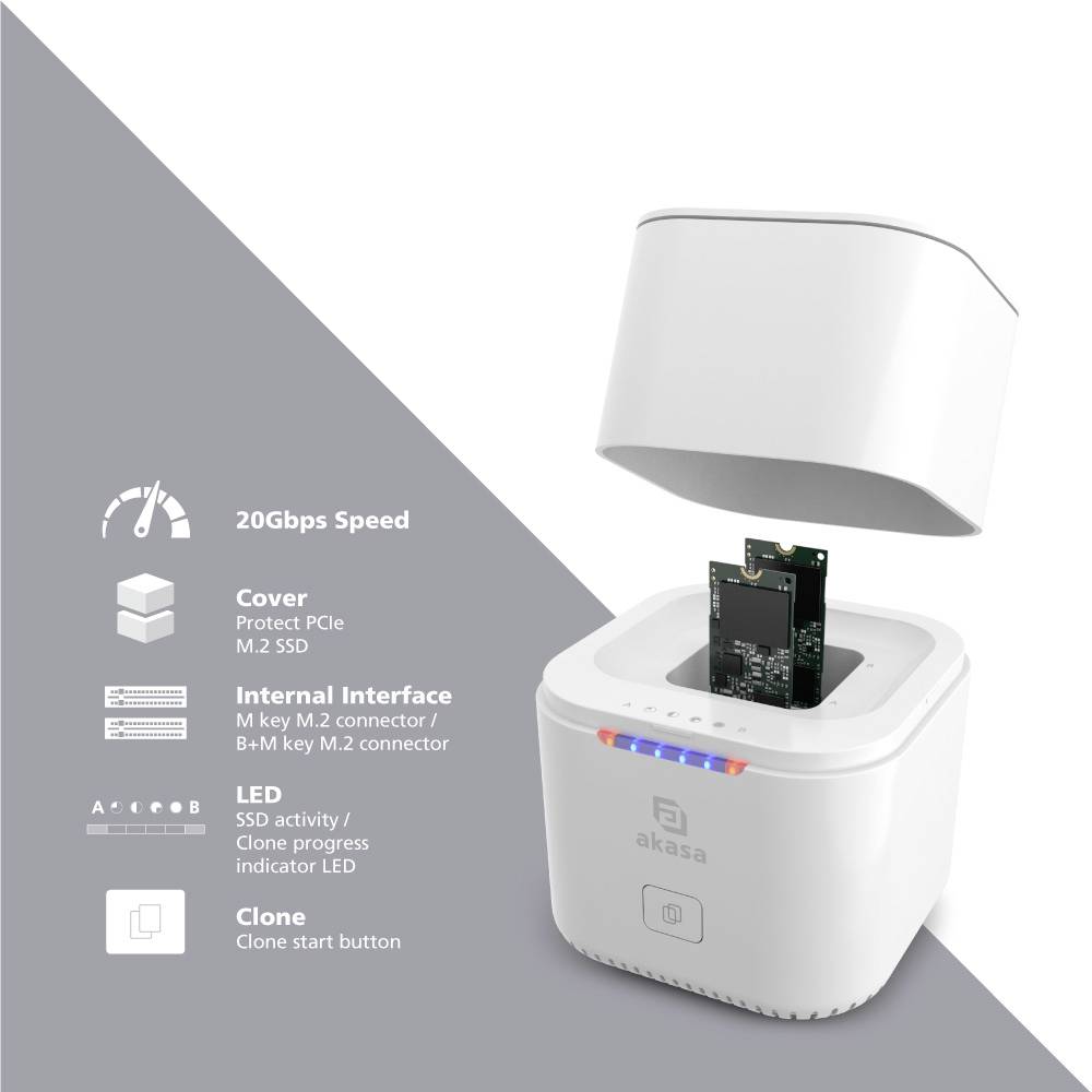 Biała stacja dokująca dla dysków SSD M.2 z zdjętą pokrywą, prezentująca włożony dysk SSD. Wokół urządzenia znajdują się opisy prędkości i funkcji.