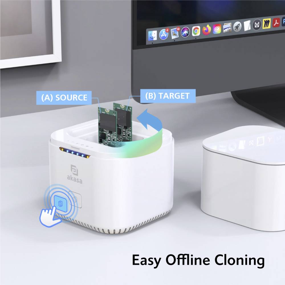 'Ilustracja przedstawia stację dokującą dysku Akasa z włożonym napędem pamięci. Grafiki oznaczają obszary A i B.'