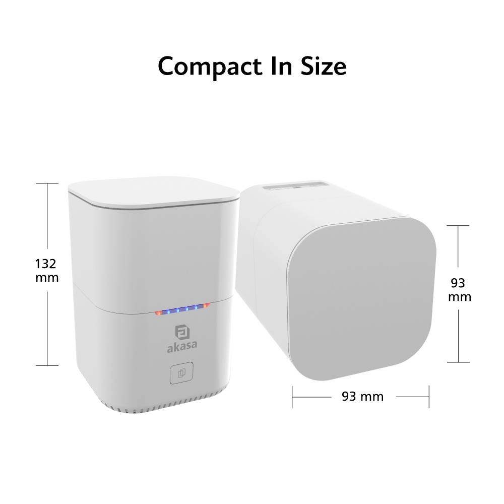 Kompaktowe urządzenie o wymiarach 132 mm wysokości oraz 93 mm szerokości i głębokości. Po lewej stronie stojące pionowo, po prawej leżące. Nazwa marki 'akasa'.