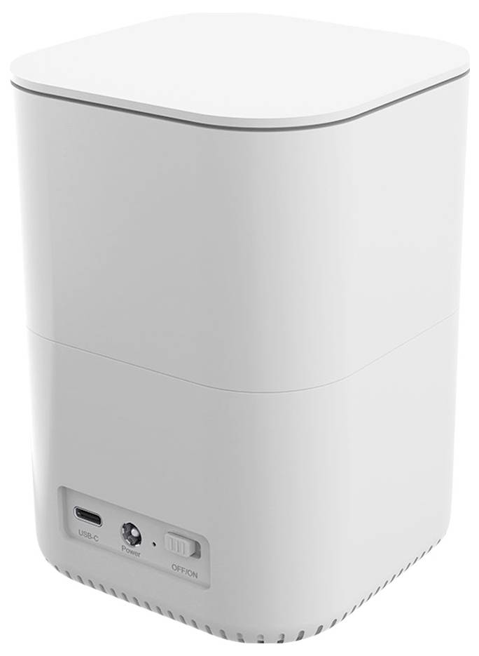 Biały, prostokątny przenośny oczyszczacz powietrza z złączem USB-C i włącznikiem/wyłącznikiem, odpowiedni do stosowania wewnątrz pomieszczeń.