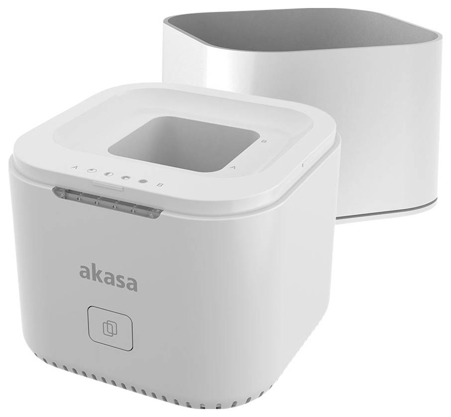 Biała stacja dokująca do dysków twardych firmy Akasa. Widoczne przednie logo i przyciski na górnej powierzchni. Odpowiednia do podłączania dysków twardych na zewnątrz.