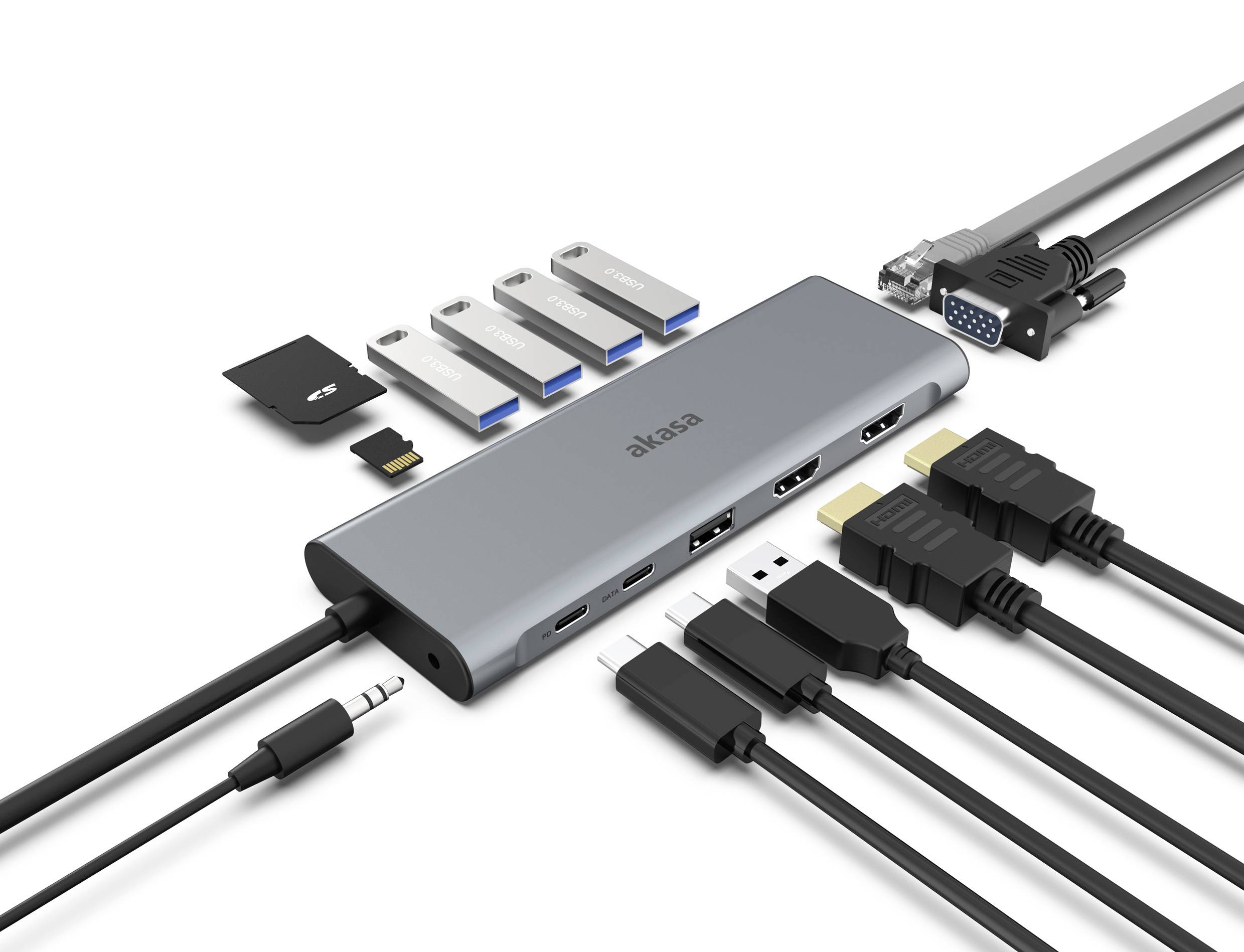 Wieloportowy hub USB z gniazdami USB, HDMI, VGA, Audio i Ethernet. Obok trzy pendrive'y i karta MicroSD.