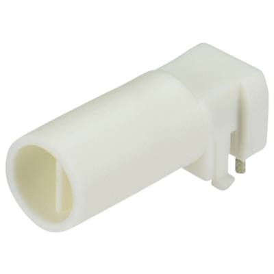 Biały wtyk plastikowy w kształcie cylindra z dwoma stykami, używany do połączenia elektrycznego.