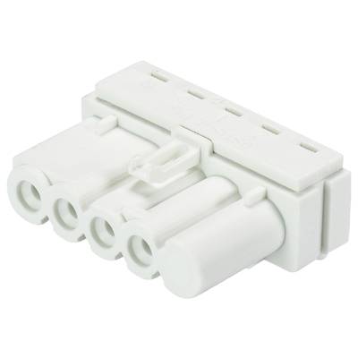 Złącze elektryczne z czterema okrągłymi stykami, w białej obudowie, służące do łączenia przewodów w urządzeniach elektronicznych.