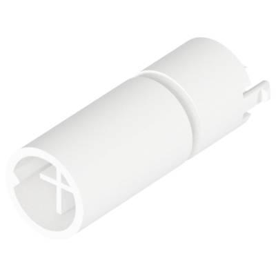 Biała plastikowa tuleja z wkładką krzyżową, prawdopodobnie element mocowania lub połączenia stosowany w zastosowaniach montażowych.