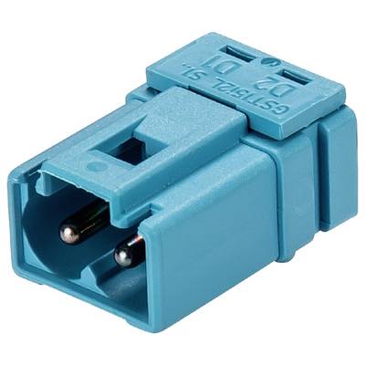 Niebieski elektryczny złącznik z dwoma metalowymi pinami i nadrukiem na górnej powierzchni.