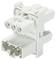 Biały wtyk elektryczny z wieloma gniazdami i slotami, odpowiedni do połączeń w urządzeniach elektronicznych lub instalacjach elektrycznych.
