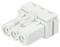Biały, trzystykowy elektryczny złącz z tworzywa sztucznego, podobny do złącza Molex, z bocznym zaczepem zatrzaskowym.