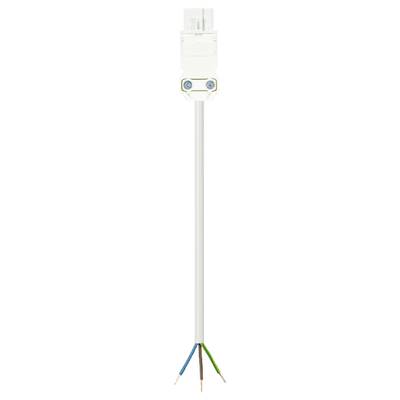 Białe przewód elektryczny z odkrytymi końcówkami w kolorach niebieski, brązowy i żółto-zielony, gotowy do instalacji.