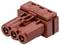 Czerwony, trójbiegunowy wtyk o prostokątnym kształcie. Odpowiedni do podłączeń elektrycznych, z numerowanymi oznaczeniami na górnej powierzchni.