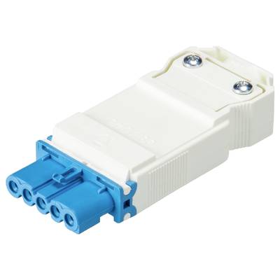 Białoniebieskie elektryczne moduł złączowy z czterema gniazdami i dwoma śrubami na górnej powierzchni do mocowania.