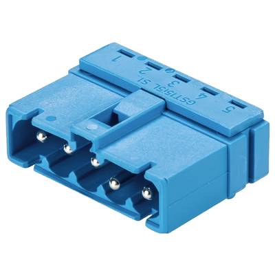 Niebieski elektryczny złącz z czterema metalowymi stykami, używany do podłączania urządzeń elektronicznych.