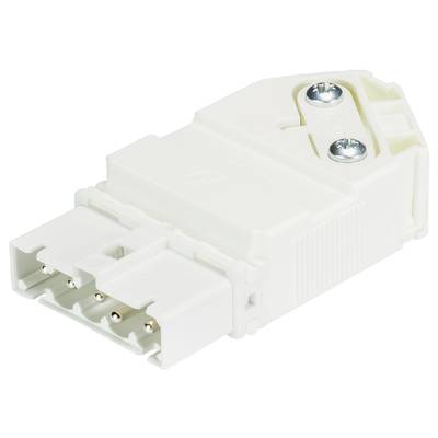 Biała elektryczna wtyczka wielostykowa z otworami montażowymi, służąca do łączenia urządzeń elektrycznych.