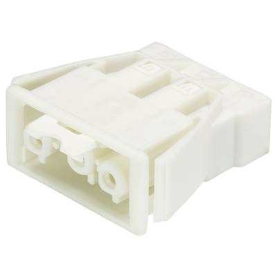 Biały, prostokątny wtyk plastikowy z dwoma okrągłymi złączami. Wtyk wydaje się kompaktowy i lekko wygięty.