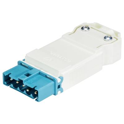 Biały i niebieski elektryczny złącz z trzema metalowymi pinami do podłączenia do urządzenia lub przewodu.