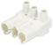 Biały, trzystykowy złącz z tworzywa sztucznego z okrągłymi wejściami, odpowiedni do połączeń elektrycznych.