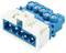 Niebieski, trzybiegunowy blok zaciskowy przemysłowy z białymi elementami obudowy, odpowiedni do stosowania w instalacjach elektrycznych.
