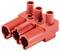 Czerwony element plastikowy z trzema okrągłymi i trzema prostokątnymi złączami, używany w mechanicznych systemach modułowych.