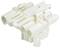 Biały wtyk plastikowy z wieloma otworami pionowymi i poziomymi. Używany do połączeń elektrycznych.