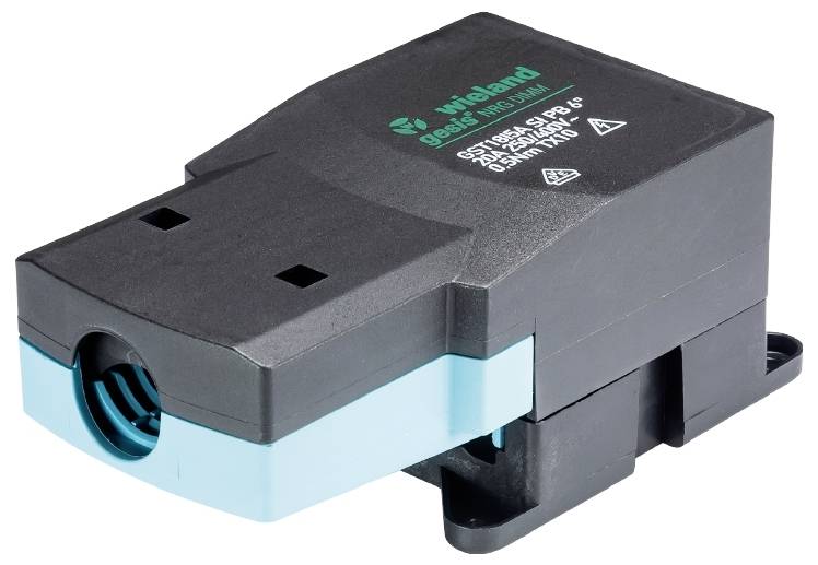 Czarno-niebieskie elektryczne moduł złącza z charakterystyczną kwadratową formą i specyfikacjami technicznymi na wierzchu.