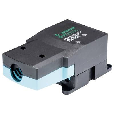 Czarno-niebieskie elektryczne moduł złącza z charakterystyczną kwadratową formą i specyfikacjami technicznymi na wierzchu.