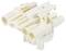 Biały, wielobiegunowy wtyk plastikowy do połączeń elektrycznych, wyposażony w kilka gniazd i zaokrąglone krawędzie.