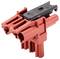 Czerwony wtyk z tworzywa sztucznego z czarnym mechanizmem dźwigniowym, typowo stosowany w połączeniach elektronicznych do zabezpieczania przewodów.