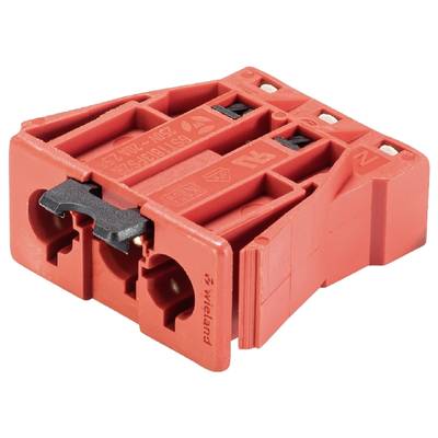 Czerwony elektryczny adapter z połączeniami wtyczkowymi i dostępnymi stykami, prawdopodobnie przeznaczony do zastosowań przemysłowych lub technicznych.