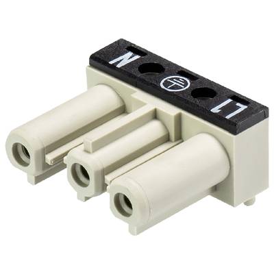 Trójbiegunowy elektryczny złącz wtykowy z oznaczeniami 'N', 'L' oraz symbolem uziemienia, przeznaczony do połączeń kablowych w urządzeniach elektronicznych.