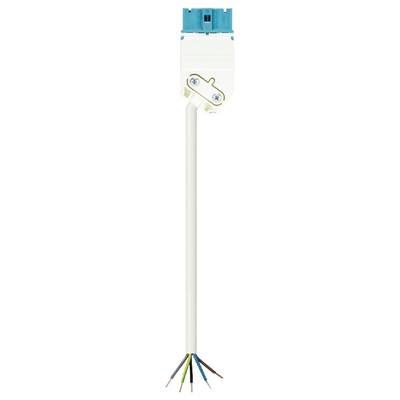 Wielożyłowy kabel z odkrytymi przewodami na jednym końcu oraz białym wtykiem z tworzywa sztucznego z niebieską osłoną na przeciwnym końcu.