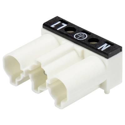 Biały, trzystykowy wtyk elektryczny z oznaczeniami 'L', '1' oraz 'N' na czarnym tle, sfotografowany z boku.
