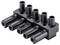 Czarny pięciorzędowy blok przyłączeniowy z czterema poziomymi i pięcioma pionowymi złączami.