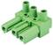 Zielony trójbiegunowy złącze z okrągłymi i prostokątnymi przyłączami, często stosowany w urządzeniach elektronicznych lub obwodach elektrycznych.