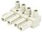 Biały blok złączek z tworzywa sztucznego z pięcioma okrągłymi, pionowymi otworami do podłączenia przewodów, odpowiedni do instalacji elektrycznych.