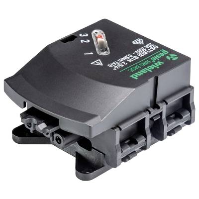 Czarny elektryczny element przekaźnikowy z napisami, przypominający urządzenie przełączające. Odpowiedni do sterowania obwodami elektrycznymi.
