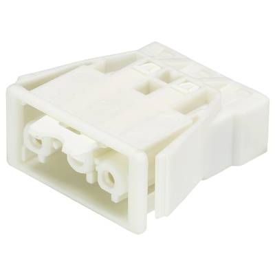 Biała plastikowa złączka w kształcie prostokąta, odpowiednia do połączeń elektrycznych. Widoczne dwa otwory wejściowe.