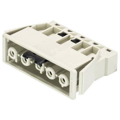 Prostokątna, kremowa wtyczka plastikowa z czterema okrągłymi złączami, odpowiednia do połączeń elektrycznych.
