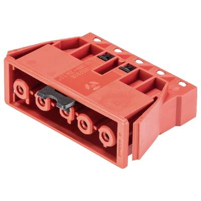 Czerwony moduł elektrycznego złącza z czterema stykami i mechanizmem blokującym, przeznaczony do zastosowań przemysłowych.