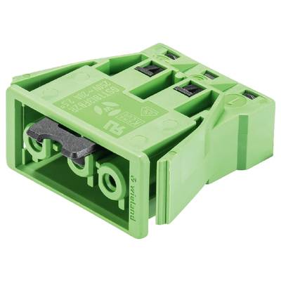 Zielony elektryczny złącze z metalowymi zaciskami, oznaczone napisem 'Weidmüller'.