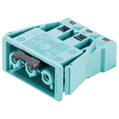 Turkusowy elektryczny złącz z dwoma stykami, czarnym mechanizmem blokującym oraz napisem producenta.