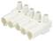 Wielobiegunowy biały wtyk plastikowy z wieloma okrągłymi otworami przyłączeniowymi, odpowiedni do połączeń elektrycznych.