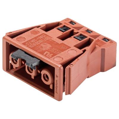 Czerwony wtyk elektryczny z trzema zaciskami i oznaczeniami technicznymi, odpowiedni do zastosowań do 24V.