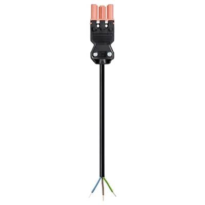 Czarny przewód elektryczny z wtyczką na górze i czterema kolorowymi przewodami (niebieski, brązowy, czarny, żółto-zielony) na dole.