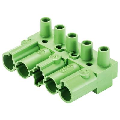 Zielony wtyk plastikowy z czterema stykami męskimi i sześcioma okrągłymi zagłębieniami, ponumerowanymi od 1 do 4, przeznaczony do połączeń elektrycznych.