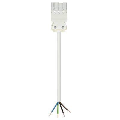 Białący kabel elektryczny z pięcioma kolorowymi przewodami (zielono-żółty, niebieski, brązowy, czarny, szary) zostaje odsłonięty na końcu.