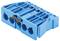 Niebieski elektryczny blok zaciskowy z wieloma możliwościami podłączenia, zwalnianiem bocznym i oznaczonymi specyfikacjami.